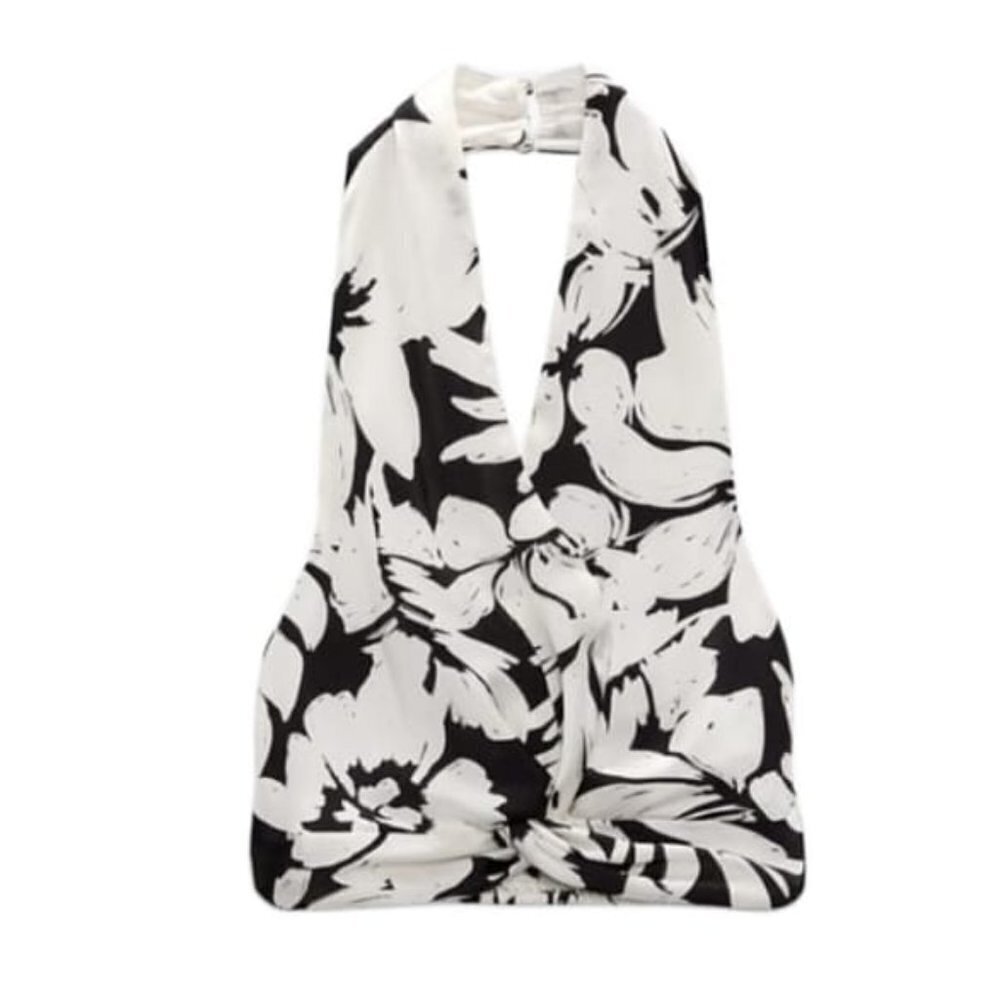 NEW ZARA TROPICAL PRINT HALTER TOP ECRU / BLACK | 7776/257